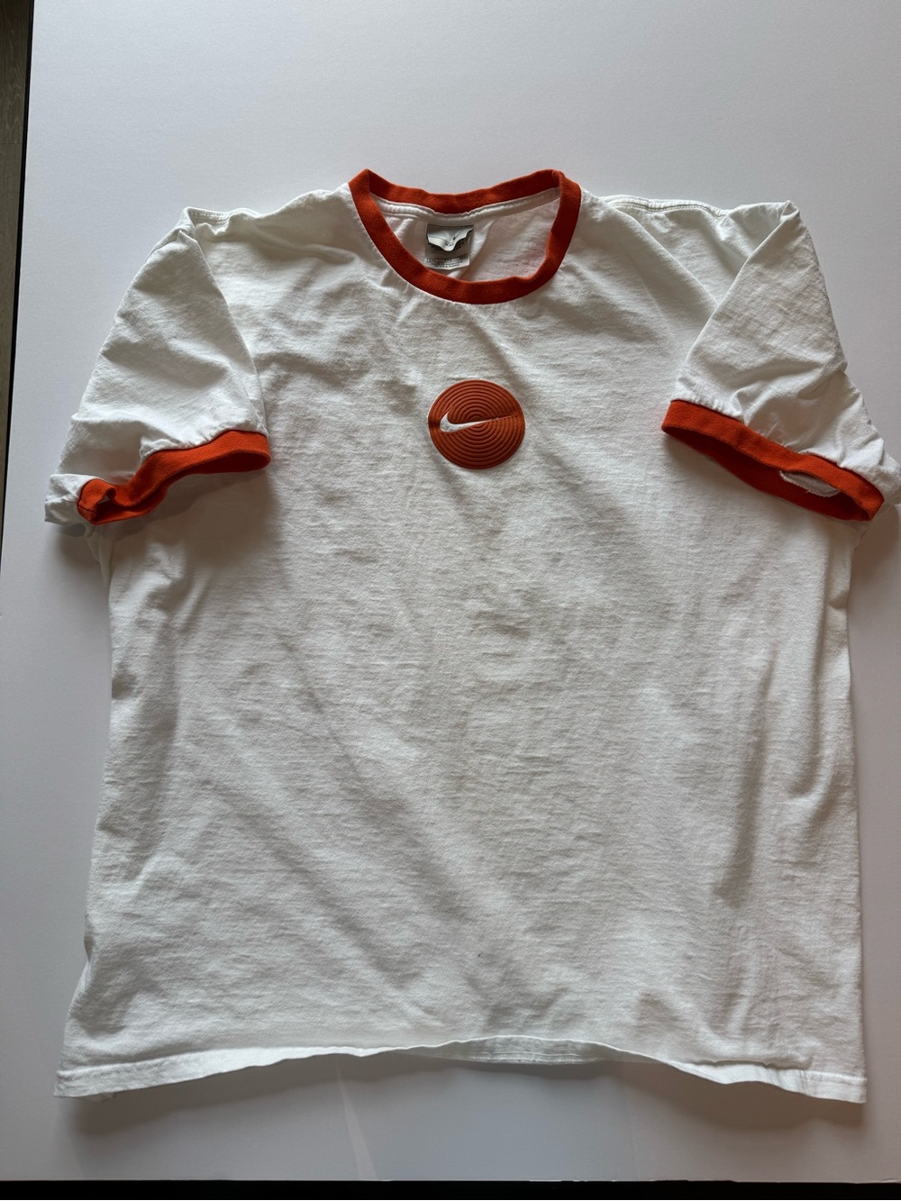 Vintage Nike White Tee with Orange Trim and Raised Logo